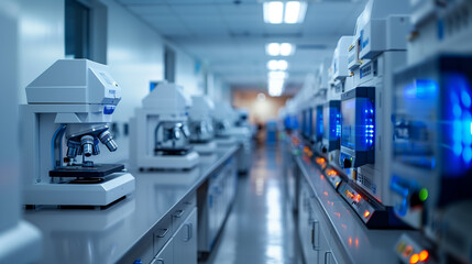 A spacious, sterile scientific research laboratory with state-of-the-art equipment, glassware, and storage cabinets for advanced research.