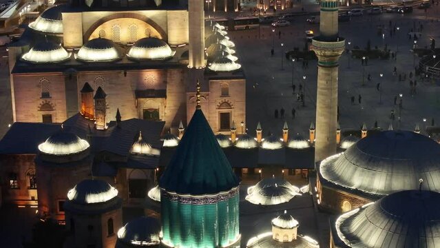 Mevlana Celaleddin Rumi Tomb and Mosque (Mevlana Türbesi ve Cami) Night Lights Drone Video, Mevlana Konya, Turkiye (Turkey)