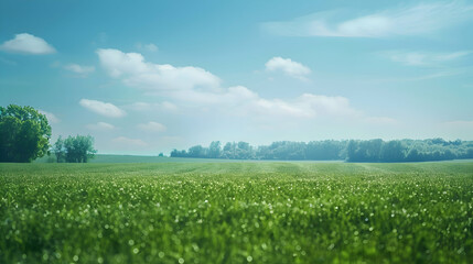 Green fields with trees on the horizont, under blue sky