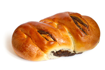 Sweet bun with poppy seeds on white background. Butter bread roll with filling.