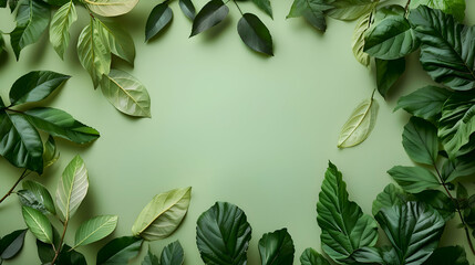 Green leaves frame on green background