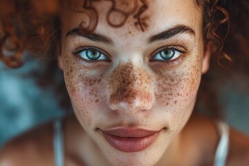 Curly Haired Woman with Freckles Looking Up - obrazy, fototapety, plakaty