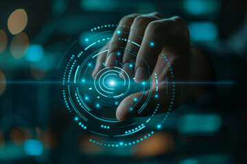 A hand reaches out to touch a glowing digital interface with hexagonal shapes, signifying interaction with futuristic technology.