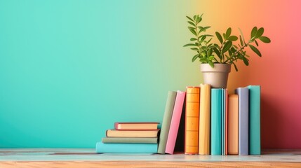 Colorful Books and Plant on Gradient Background