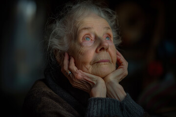 A portrait of an elderly woman gazing upwards, her face lit with a gentle light, evoking a sense of contemplation and hope.