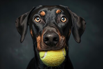 Close-up Portrait of a Black Doberman with a Tennis Ball