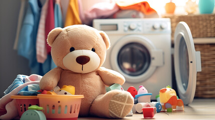 Teddy bear with washing machine laundry day child's play wash cycle background