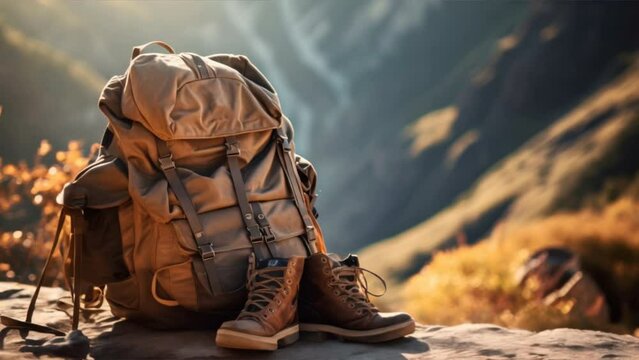 hiking concept,backpack and hiking boots at the base of a mountain trail, brown tones,