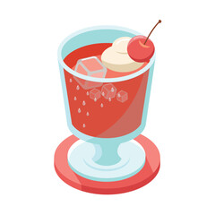 さくらんぼとクリームが乗った赤いフルーツジュース_アイソメトリックのイラスト