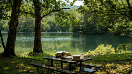 A serene lake surrounded by lush trees with a small table set up for a literary picnic. Books and reading glasses are tered across the table inviting readers to indulge in
