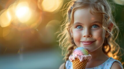 Naklejka premium Young girl holding an ice cream cone. Studio portrait with a bokeh background.