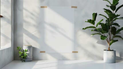 Minimalist eco-friendly bathroom tissue roll with plant shadows on a white surface