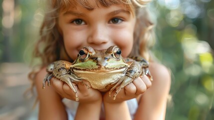 Little girl holding a frog with a gentle smile, nature exploration concept.