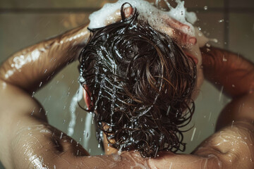 A man washing his hair with a shampoo, back view. AI generative