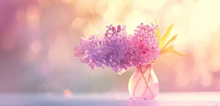 A stunning bouquet of vibrant purple lilacs with water droplets on a wooden table, set against a softly blurred background, illuminated by the warm sunlight of a beautiful spring day.