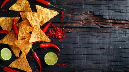 Poster Tortilla chips with red hot chili peppers, lime, and salsa dip on wooden background. © Julia Jones