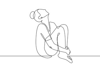 Trendy Line Art Drawing of Happy Woman Silhouette. Woman Sitting Pose Abstract Minimal Black Lines Drawing. Female Silhouette for Modern Scandinavian Design. Vector Illustration.