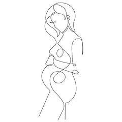 Trendy Line Art Drawing of Pregnant Woman Silhouette. Pregnancy Woman Abstract Minimal Black Lines Drawing. Female Silhouette for Modern Scandinavian Design. Happy Mother`s Day Vector Illustration.
