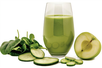 A glass of green juice with a slice of apple on the side
