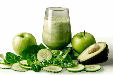 A glass of green juice is on a table with a bunch of green vegetables including