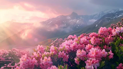 Fototapeten Magic pink rhododendron flowers on summer mountain © MistoGraphy
