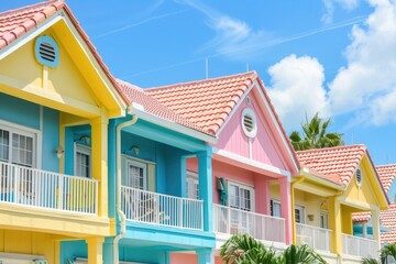 Colorful beachfront townhouses with pastel exteriors and red tile roofs.