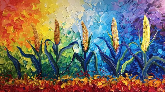 Vibrant textured oil painting of cornfields with a rainbow of colors.