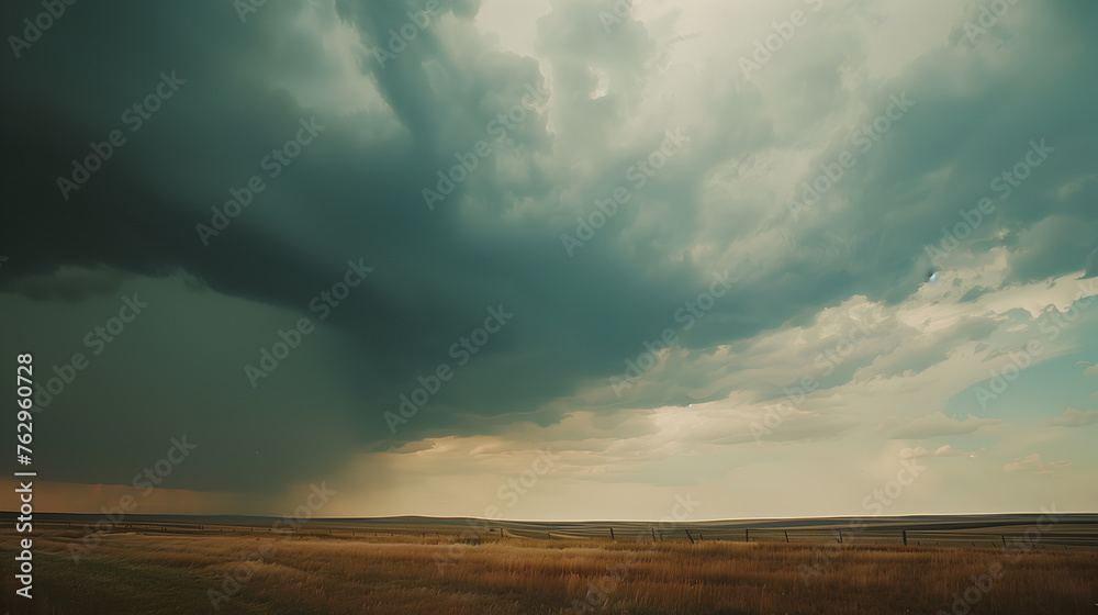 Wall mural A stormy sky with dark clouds and a field of grass