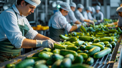 Cucumber or gherkins in food processing factory, Women working, classify and control the processing of small cucumbers on conveyor belt in food factory, Close up, indoors footage,