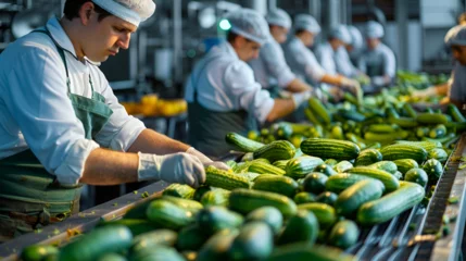 Foto op Plexiglas Cucumber or gherkins in food processing factory, Women working, classify and control the processing of small cucumbers on conveyor belt in food factory, Close up, indoors footage, © Jaunali