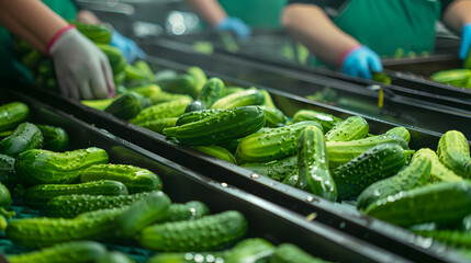 Cucumber or gherkins in food processing factory, Women working, classify and control the processing of small cucumbers on conveyor belt in food factory, Close up, indoors footage, - obrazy, fototapety, plakaty