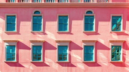 Pink building facade with turquoise windows in a symmetrical pattern.