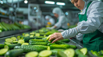 Cucumber or gherkins in food processing factory, Women working, classify and control the processing of small cucumbers on conveyor belt in food factory, Close up, indoors footage, - obrazy, fototapety, plakaty