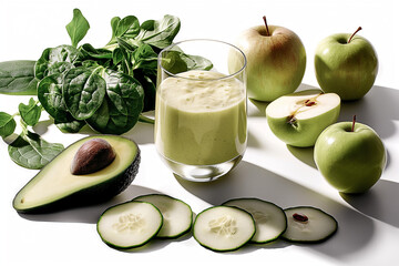 A glass of green juice is on a table with a bunch of green apples and cucumbers