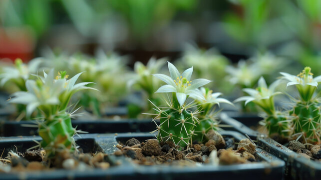 Cactus with Blossoming Flowers in Nursery