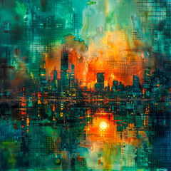 Abstract Painting of a City.  Generated Image.  A digital illustration of an abstract painting of a city at sunset as decorative art with reflections and a grid effect.