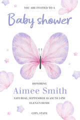 Pink butterflies and stars. Cute baby shower watercolor invitation card. New born celebration. Layout of a children's birthday postcard. Template of newborn's party invitation.
