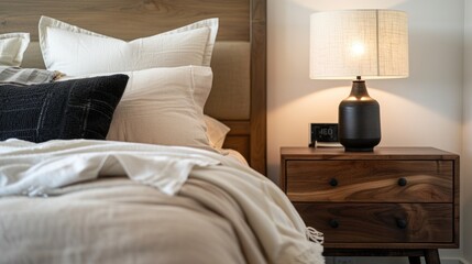 Cozy bedroom detail with soft bedding and wooden nightstand.