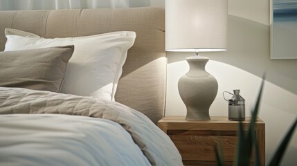 Modern bedroom interior with beige headboard and white bedding.