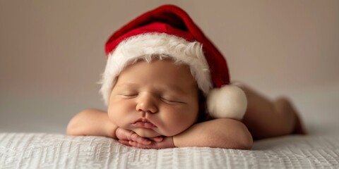 A peaceful newborn baby sleeps while wearing a festive Santa hat, embodying the joy of the holiday season.