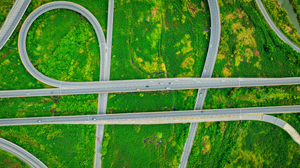 Aerial view of  expressway in the urban traffic way with green background