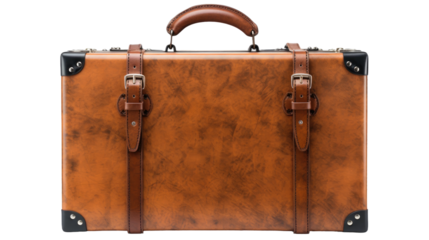 Brown Leather Suitcase With Handle on White Background. On a White or Clear Surface PNG Transparent Background..