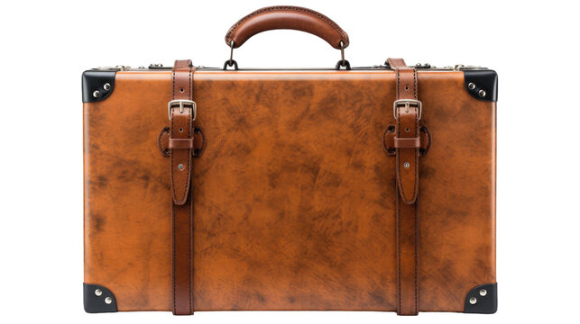 Brown Leather Suitcase With Handle on White Background. On a White or Clear Surface PNG Transparent Background..