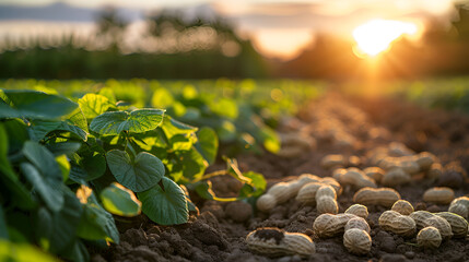 Evening peanuts plantation with sunshine and smart technology, industrial agriculture, Generative AI