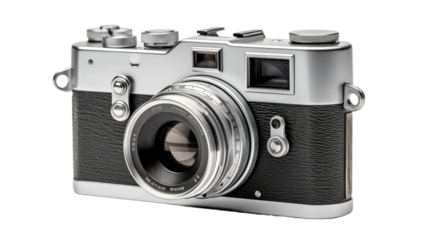 Silver and Black Camera on White Background. On a White or Clear Surface PNG Transparent Background..