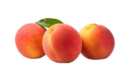 Three Fresh Peaches With a Leaf on White Background. On a White or Clear Surface PNG Transparent Background..