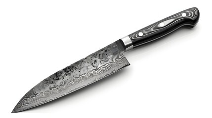 Damascus Steel Chef's Knife on White Background - obrazy, fototapety, plakaty