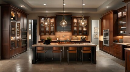 Spacious Kitchen with Modern Glass-Front Cabinets Showcasing Fine Dishware