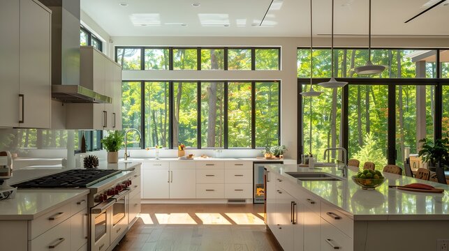 Spacious Contemporary Kitchen with Forest View: Serene Sanctuary