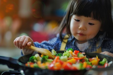 Young child attentively cooking a vegetable stir-fry, holding a wooden spoon in a pan.